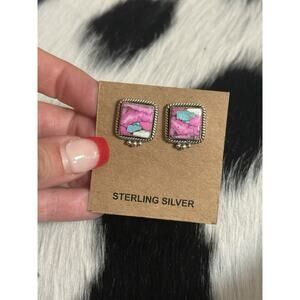 Native American SW Sterling Silver Cotton Candy Dahlia Post Earrings Square